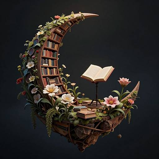 Whimsical digital artwork: a wooden crescent moon adorned with flowers and books, holding an open book, floating against a dark background.