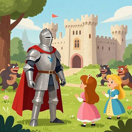 Knight Arthur and Princesses Protecting Castle from Forest Trolls