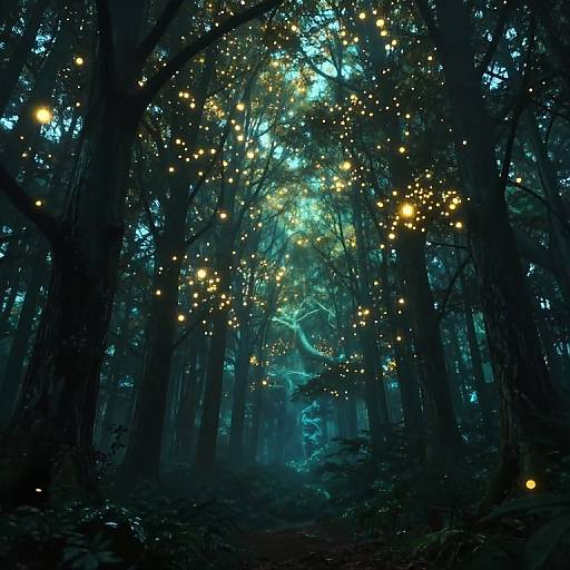 Photograph of a mystical forest at dusk with glowing, yellow fairy lights suspended among dark, towering trees, creating an enchanting, ethereal atmosphere.