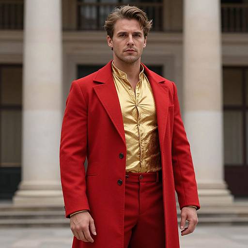 Photograph of a handsome, serious-looking man with light brown hair, wearing a bright red coat, gold shirt, and matching red pants, standing in