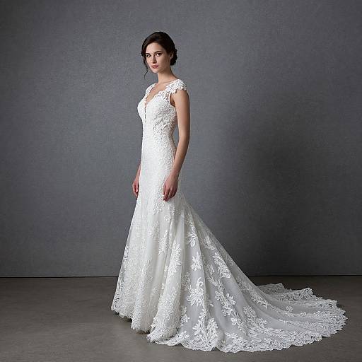 Photograph of a fair-skinned woman with short dark hair wearing a white lace, sleeveless, V-neck, A-line wedding dress with a long