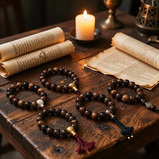 Mystical Prayer Beads on Wooden Table