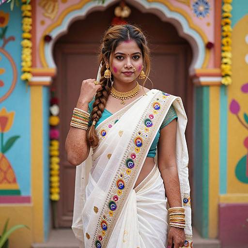 Photograph of an Indian woman in a white saree with colorful embroidery, green blouse, gold jewelry, and braided hair, standing in front of