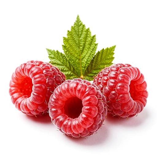 Photograph of three vibrant red raspberries with dew drops, clustered together and accompanied by green, serrated leaves on a white background.