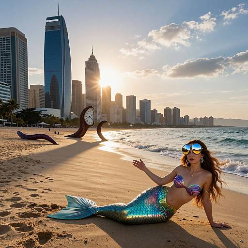 Photograph of a mermaid with shimmering blue-green scales, purple shell top, and reflective sunglasses, posing on a sunny beach with a city skyline