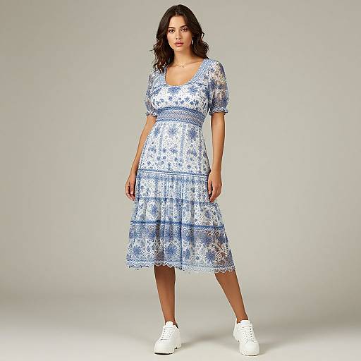 Photograph of a young woman with medium brown skin, dark wavy hair, wearing a blue and white floral lace dress, short sleeves, knee-length