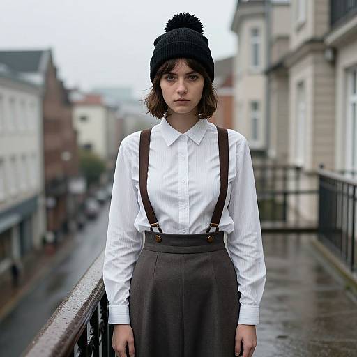 Photograph of a serious young woman in a black knit beanie, white button-down shirt, brown high-waist skirt, and brown suspenders