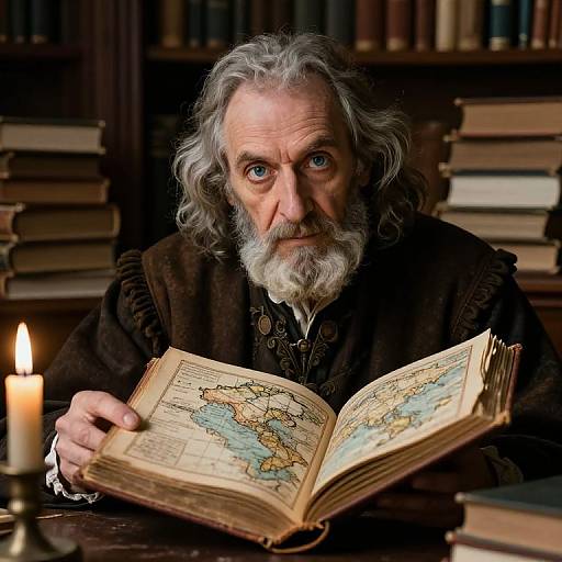 Photograph of an elderly man with white hair and beard, blue eyes, wearing dark clothing, studying an old map-filled book by candlelight in a