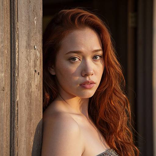 Photograph of a fair-skinned, red-haired woman with wavy hair, freckles, and subtle makeup, peering from a wooden doorway