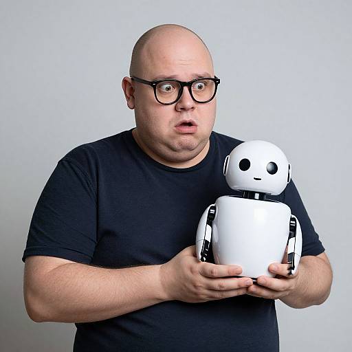 Sad Balding Man Holding Surprised Robot