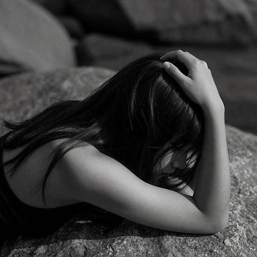 Contemplative Woman on Rocks in Black and White