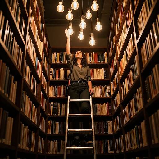 Photograph of a woman in a black shirt and pants, standing on a ladder, reaching for hanging lights in a vast, warmly lit library with tall