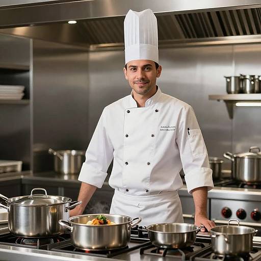 Photograph of a smiling male chef in white uniform and tall hat, standing in a modern stainless steel kitchen, cooking with several metal pots on the st