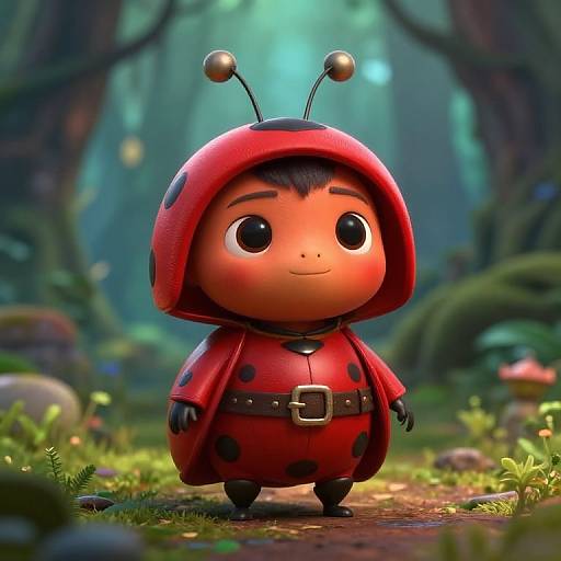 Cute CGI cartoon bug child in red hooded bug costume with antennae, standing in vibrant, mystical forest with glowing mushrooms.