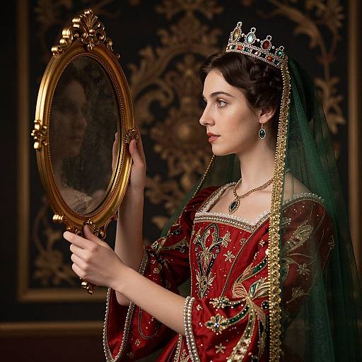Photograph of a fair-skinned woman with dark brown hair in a regal red and gold embroidered gown, crown, and veil, holding an orn