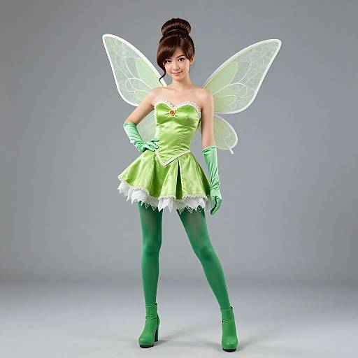 Photograph of a young woman in a green fairy costume, with translucent wings, strapless dress, green tights, gloves, and heels, standing