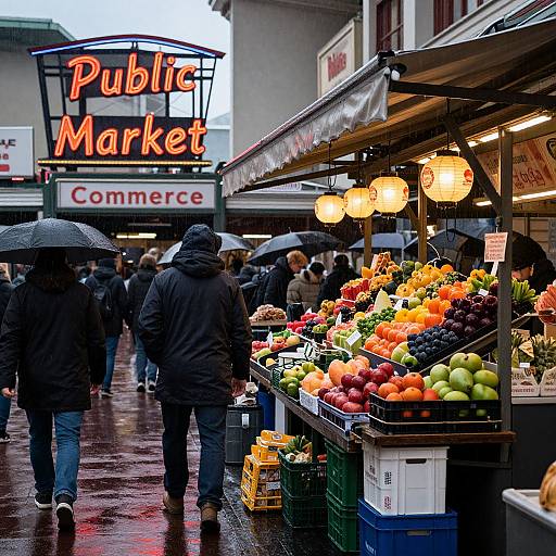 Photograph of a bustling outdoor market on a rainy day, with colorful fruit stalls, hanging lanterns, people in coats, and umbrellas. 
