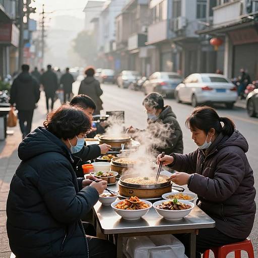 Photograph of two Asian women in winter jackets eating steaming hot dishes at an outdoor street table, surrounded by busy urban street.