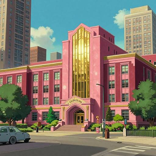 Brightly colored, pink Art Deco building with a large golden vertical window, surrounded by trees and modern skyscrapers, under a clear blue sky
