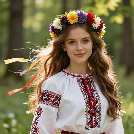 Photograph of a young woman with long brown hair, wearing a colorful flower crown, white embroidered folk dress, standing in a sunlit forest.