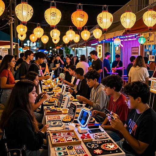 Vibrant night market scene with hanging orange lanterns, crowded tables of people using laptops and smartphones, colorful menu cards, and neon lights in the