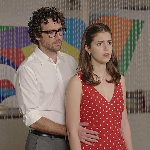 Couple Against Abstract Beaded Curtain