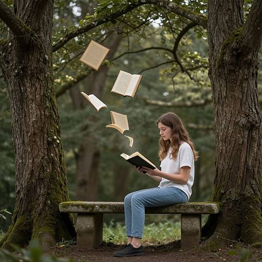 Photograph of a young woman with long brown hair, white t-shirt, blue jeans, reading a book as five pages float magically upward, sitting on