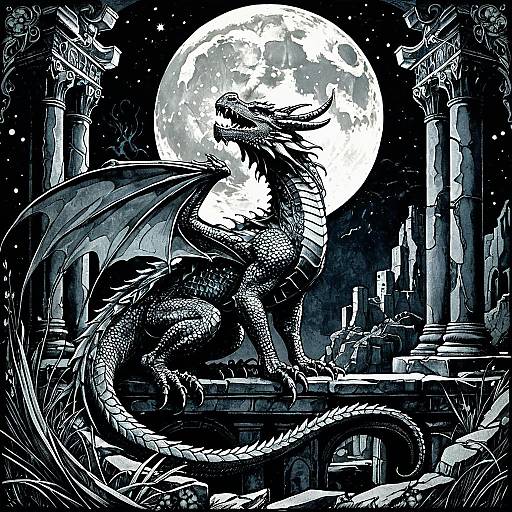 Ink Illustration of Dragon with Moon and Ruins
