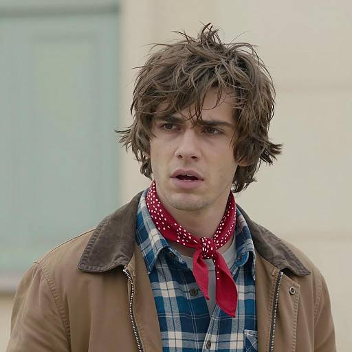 Young Man in Plaid with Intense Stare