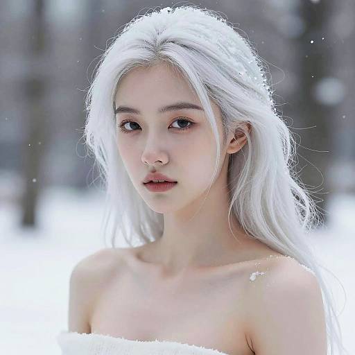 Photograph of a fair-skinned, young woman with long, white hair, bare shoulders, and soft, natural makeup, standing in a snowy,
