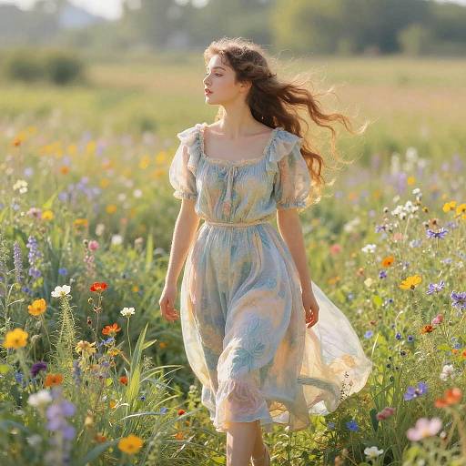 Photograph of a young woman with long brown hair, wearing a light, floral dress, walking through a sunlit meadow filled with colorful wildflowers