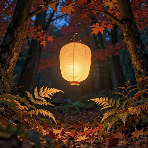 Photograph of a glowing orange paper lantern hanging in a dark forest, surrounded by red and orange autumn leaves and green ferns.