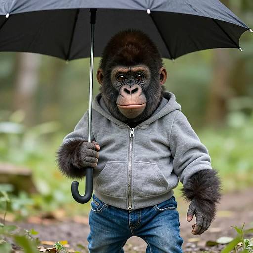 Photograph of a young chimpanzee in a gray hoodie and blue jeans, holding a black umbrella, standing in a forest.