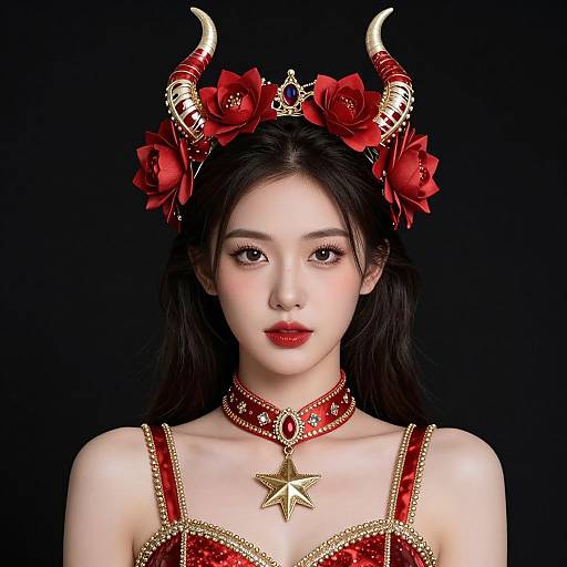 Digital portrait of an Asian woman with black hair, red flower crown, gold horns, red and gold dress, star necklace, and red choker,