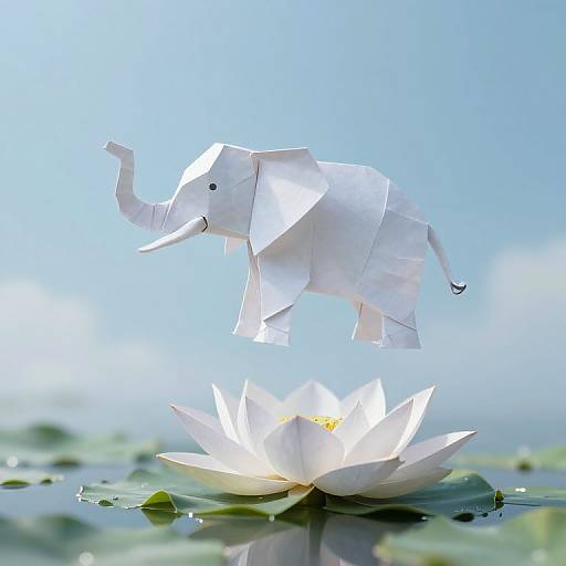 Photograph of a white origami elephant mid-leap over a blooming white lotus on a serene water surface, with a soft blue sky background