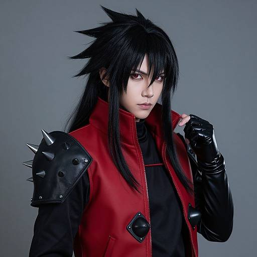 Photograph of an Asian male cosplayer with spiky black hair, red leather vest, black spiked shoulder armor, and black gloves, against a gray