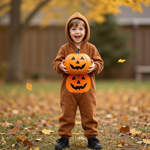 Photograph of a smiling young boy in a brown Halloween onesie with pumpkin hood, holding two orange jack-o'-lantern buckets in a fall-colored