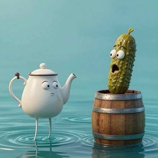 CGI cartoon: White teapot with surprised eyes stands in water next to wooden barrel with green, startled pickle character. Bright blue background.