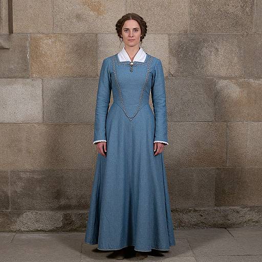 Photograph of a woman in a blue, long-sleeve, Victorian-style dress with white collar and cuffs, standing against a textured stone wall.