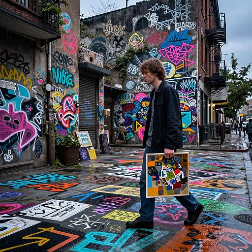 Photograph of a young man with curly hair, wearing a black jacket, walking on a vibrant, graffiti-covered street, holding a colorful poster. Urban
