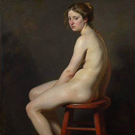 Classical oil painting of a nude, fair-skinned woman with brown hair, seated on a wooden stool, back turned, looking over her shoulder against