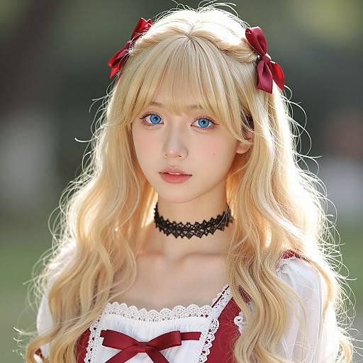 Photograph of a young woman with long blonde hair, blue eyes, red bows, black lace choker, and a white dress with red bow,