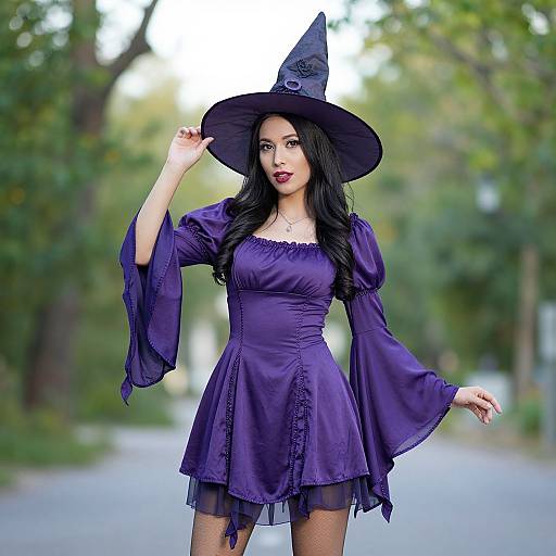 Photograph of a fair-skinned woman with long black hair, wearing a purple witch dress and hat, standing on a blurred, tree-lined path.