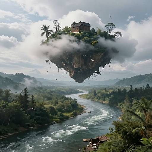 Photorealistic digital art of a floating island with a rustic house, surrounded by mist, towering trees, and a winding river below.