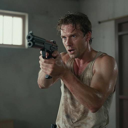 Sweaty Man with Submachine Gun in Shadows