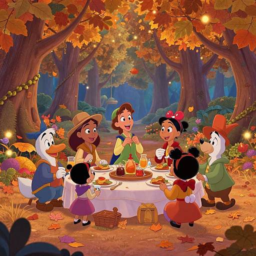 Colorful autumn forest picnic: Animated ducks and children with Hispanic features, wearing traditional clothes, enjoy a meal under glowing string lights.