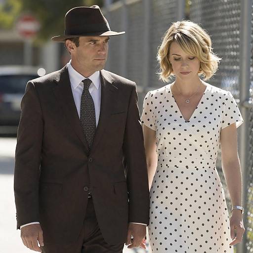 Man in Brown Suit and Woman in Polka-Dot Dress Outdoors
