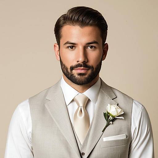 Handsome groom in cream-colored suit