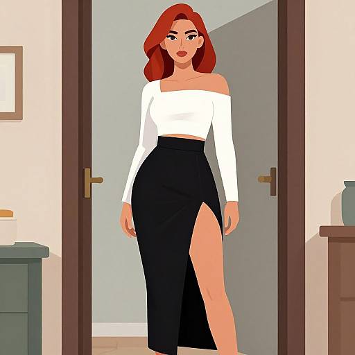 Digital illustration of a red-haired woman with fair skin, wearing an off-shoulder white top and high-waisted black skirt with a thigh-high