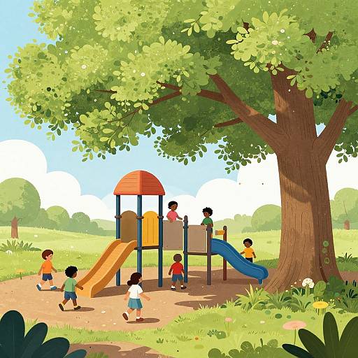 Colorful digital drawing of a sunny playground with a large tree, children playing on slides, and swings, surrounded by lush greenery.